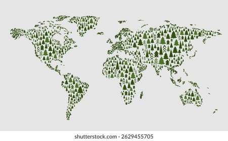 A minimalist illustration of a world map formed from trees. Green pine trees arranged in the shape of continents. 