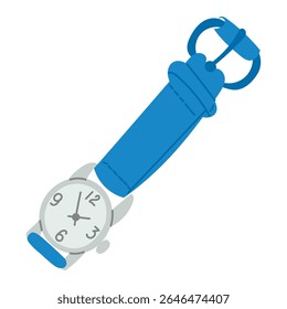 Ilustração minimalista de um relógio de pulso com uma pulseira azul e face de relógio redondo mostrando a hora. Representa marcação de tempo, pontualidade, acessório de moda e objeto de rotina diária