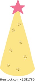 Minimalist illustration of a yellow christmas tree with a pink star at the top and several golden glitter decorations, celebrating christmas time and new year s eve