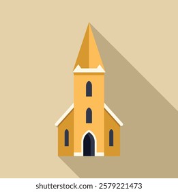 Minimalist illustration of a yellow church building casting a long shadow on a beige background