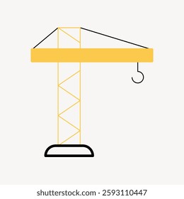 Minimalist illustration of a yellow construction crane with a simple design. The crane features a hook and a geometric structure, emphasizing construction themes. Vector illustration.