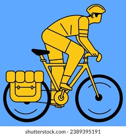 Minimalist illustration of a yellow cyclist on a blue background.