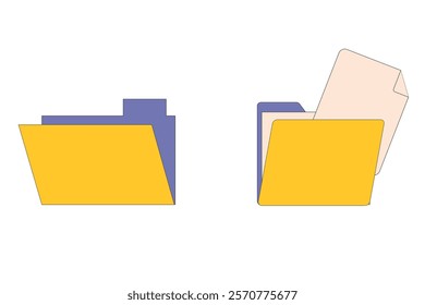 Minimalist illustration of yellow file folders with simple document design in a clean style. Window, social media app templates. 80s 90s old computer UI elements and vintage aesthetic icons.