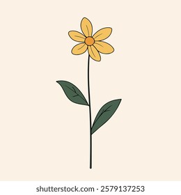 A minimalist illustration of a yellow flower with five petals and two green leaves, set against a light beige background.
