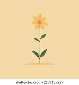 A minimalist illustration of a yellow flower with a round orange center, standing tall on a slender green stem with two leaves. The background is a soft yellow, enhancing the flower's vibrant colors.
