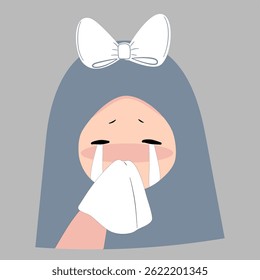A minimalist illustration of a young girl with a bow, softly weeping and holding a tissue.