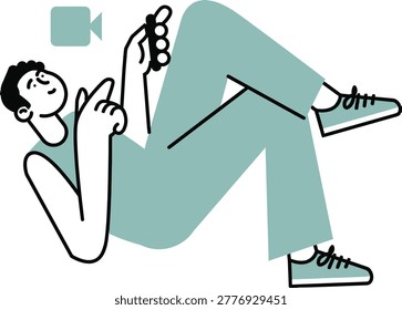 Minimalist illustration of a young man making a video call or interacting with online video content on his smartphone, isolated on transparent background vector art illustration on transparent backgro