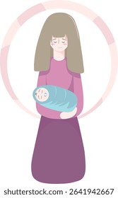 Minimalist illustration young mother holding newborn in her arms. Woman has long hair, dressed in pink and purple colors. The baby is wrapped in a blue blanket. Vector illustration EPS10