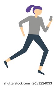 Ilustração minimalista de uma jovem correndo e usando seu smartphone, representando conceitos como multitarefa, estar ocupada e usar tecnologia em movimento