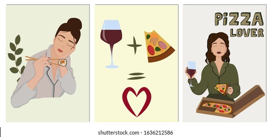 Minimalist illustrations with hand drawn design elements, people, pizza, wine Cartoon character girl eating pizza and sushi roll and  drink wine Vector
Set of 3 modern postcard for menu, poster, cafe