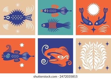 Minimalist illustrations in modern style, abstract fishes. Printable wall decor, labels, cards, apparel designs