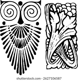 Minimalist illustrations of nocturnal owl wings in mystical bohemian style.