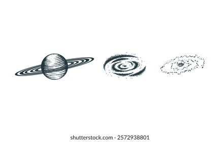 Minimalist illustrations of a ringed planet and two galaxies with unique textures on a white background, perfect for space-themed designs