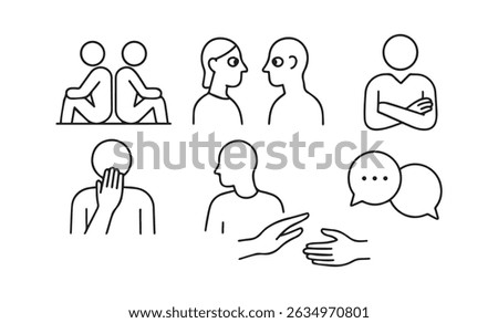 Minimalist illustrations showcasing various human emotions and communication styles. Perfect for depicting interpersonal relationships and mental health.