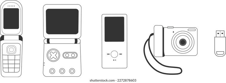 Minimalist Illustrations of Y2k Nostalgia Gadgets Technology Including Flip Phone, Gameboy, MP3 Player, Digital Camera, and USB Stick