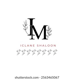 Minimalist IM Monogram with Botanical Illustration.Elegan Initial MI Logo with Floral Element. Wedding logos, hand drawn elegant, delicate and minimalist,black and white vintage logo for beauty shop.