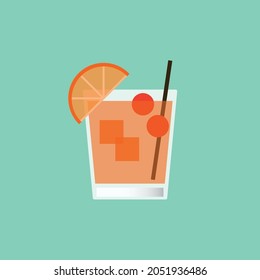 Minimalist image of a cocktail in a glass with orange, ice and cherry. The concept of summer and alcoholic beverages.