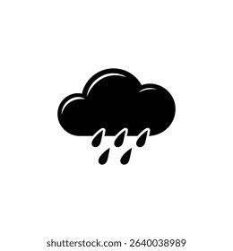 Minimalist image depicting a solid black rain cloud with five raindrops falling vertically beneath it, isolated on a white background, representing weather or climate.