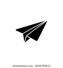 Minimalist image displaying a sleek black silhouette of a paper airplane on a stark white background, perfect for representing simplicity, design, or creative thinking.