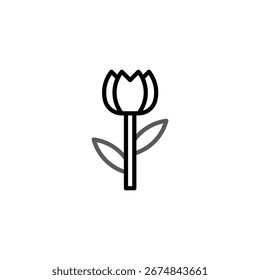 Una Imagen minimalista presenta una flor de tulipán con su tallo y hojas presentadas en un estilo gráfico de contorno. Los contornos negros crean una impresión refinada y elegante, adecuada para la primavera o