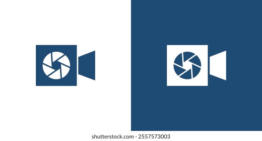 A minimalist image featuring a camera icon with an aperture symbol, presented in contrasting blue and white colors. Ideal for representing photography or videography concepts.
