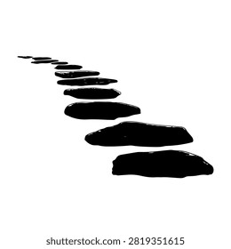 A minimalist image featuring a series of black stones arranged in a pathway pattern on a white background, emphasizing simplicity and contrast.