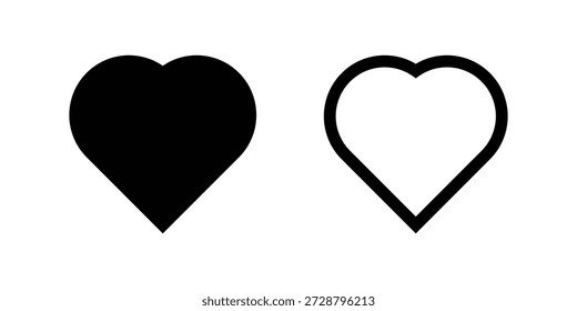Una Imagen minimalista con dos iconos de corazón distintos sobre un fondo blanco puro. A la izquierda, un sólido corazón negro simboliza el amor, gustos o acciones favoritas en las interfaces digitales. A la derecha, un contorno negro de un corazón ofrece un estado hueco o no seleccionado, que a menudo se usa para cambiar las preferencias o marcar un elemento para más adelante. Ambos íconos están basados en Vectores, son limpios y fácilmente escalables, lo que los hace ideales para Diseños web, aplicaciones móviles y Elementos de interfaz de usuario que transmiten afecto, Aprobación o compromiso.