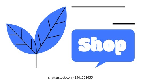 Minimalist image has two blue leaves and a speech bubble with the word Shop. Ideal for online store logos, eco-friendly businesses, nature-themed designs, e-commerce sites, and shopping promotions