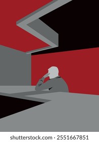 A minimalist image of a lone figure in muted red and gray tones, symbolizing isolation, mental health struggles, and societal issues, evoking themes of resilience and introspection.