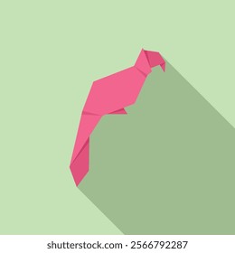 Minimalist image of a pink origami bird casting a long shadow on a green background