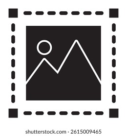 A minimalist image placeholder icon featuring mountains and a sun, surrounded by a dashed border. Ideal for websites, apps, or print projects where temporary images are needed