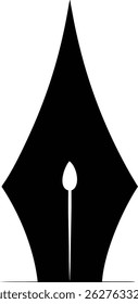 The minimalist image presents a stark contrast with a solid black, stylized pen nib centered on a plain white background. Clean and simple design with sharp lines, conveying precision.