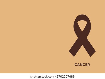 Uma imagem minimalista mostrando uma fita de consciência marrom e a palavra câncer, representando apoio para os pacientes e promovendo a saúde global