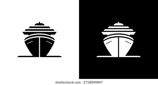 Uma imagem minimalista mostrando a forma de um navio em preto e branco contrastantes, lado a lado.