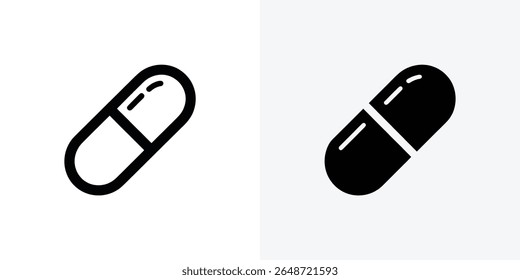 Minimalist image showcasing two variations of a capsule icon, one outlined and one filled, symbolizing health, medicine, and pharmaceutical concepts on a clean background.