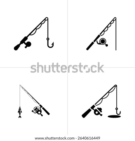 A minimalist image shows four black and white fishing rod designs featuring hooks, reels, and line; one has a fish caught, set against a clean white background.