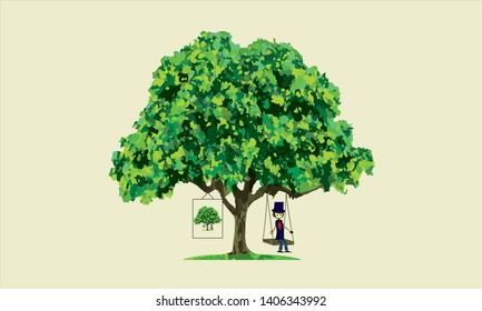 minimalist image of a tree and a man during a spring day