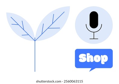 A minimalist image of a twig with two leaves, a microphone symbol inside a circle, and a speech bubble with Shop text Ideal for nature, e-commerce, technology, podcast, environment themes Simple