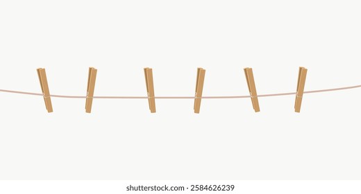 Minimalist image of wooden clothespins on a line. Seven clothespins evenly spaced. Simple, clean design with clothespins. Neutral background enhances clothespins. Aesthetic vector illustration.