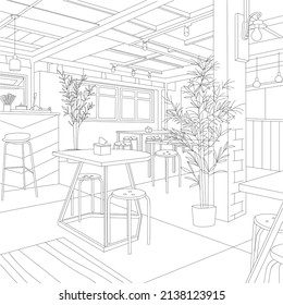 Minimalist Industrial Cafe Interior Design Vector Line Art