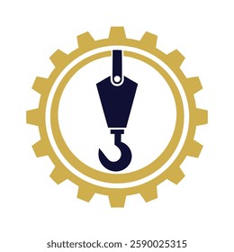 Minimalist Industrial Gear and Crane Hook Logo Design.