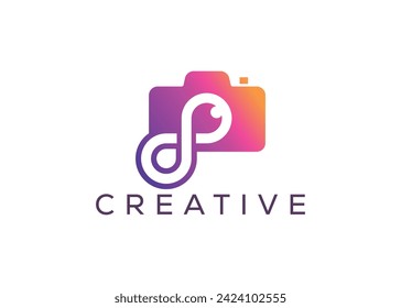 Plantilla vectorial de diseño de logotipo de cámara de infinito minimalista. Logo de fotos de infinito moderno