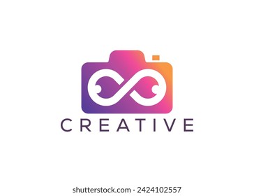 Plantilla vectorial de diseño de logotipo de cámara de infinito minimalista. Logo de fotos de infinito moderno