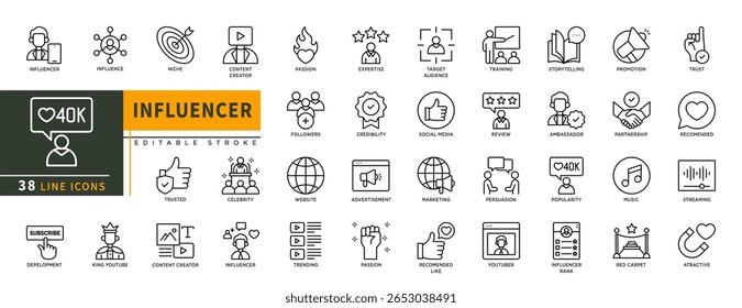 Minimalista Influencer linha ícones definidos com traço editável, com influência, nicho, confiável, criador de conteúdo, celebridade, tendência, paixão, seguidores, popularidade, música.