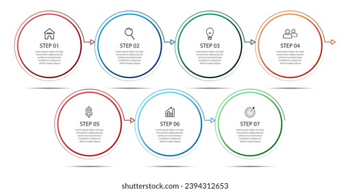 diseño infográfico minimalista con 7 pasos o opciones, opciones, números e íconos de marketing. utilizado como diagrama de flujo de sistemas y para sus presentaciones empresariales