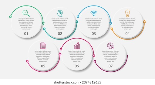 minimalist infographic design with 7 steps or choices, options, numbers and marketing icons. used as a system flow diagram, and for your business presentations