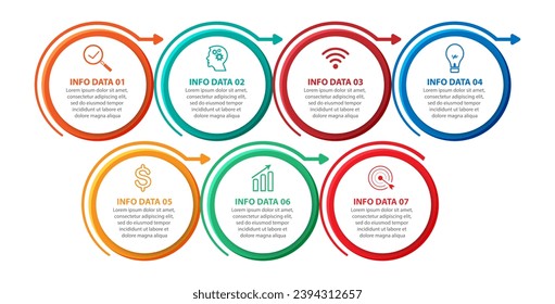 minimalistisches Infografik-Design mit 7 Schritten oder Auswahl, Optionen, Zahlen und Marketing-Symbole. als Systemflussdiagramm und für Ihre Geschäftspräsentationen