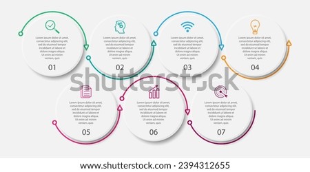 minimalist infographic design with 7 steps or choices, options, numbers and marketing icons. used as a system flow diagram, and for your business presentations