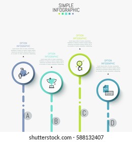 Minimalist infographic design layout. Four separated round lettered elements containing icons inside and connected with text boxes by arrows. Vector illustration for banner, presentation, website.