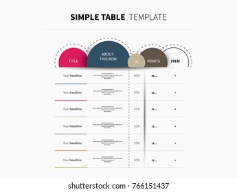 Um layout de tabela infográfica minimalista com seções para porcentagens e itens opcionais